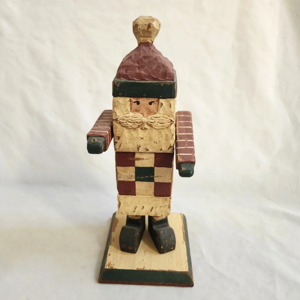 Primitive Wood Block Santa Figurine Sculpture Rustic Country Christmas